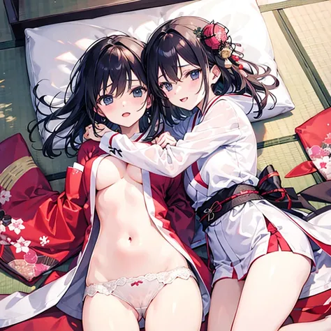 Sisters hugging each other，Japanese clothing，Unbuttoned，Sex，Half naked，Lying down
