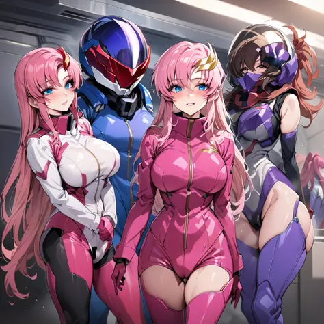 ((Highest quality)), ((masterpiece)), (detailed), （Perfect Face）、Gundam SEED with the pilot wearing a full-face helmet、The woman is Lacus Clyne, with blue eyes, pink medium-long hair and a hair accessory.、The woman is a female officer of the Earth Federati...