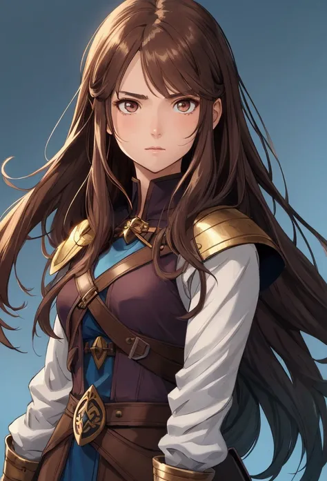 full portrait, simple female wizard, long brown hair, battle hardened, calmly standing, early 20s, brown eyes, plain and simple blue background, shining force style