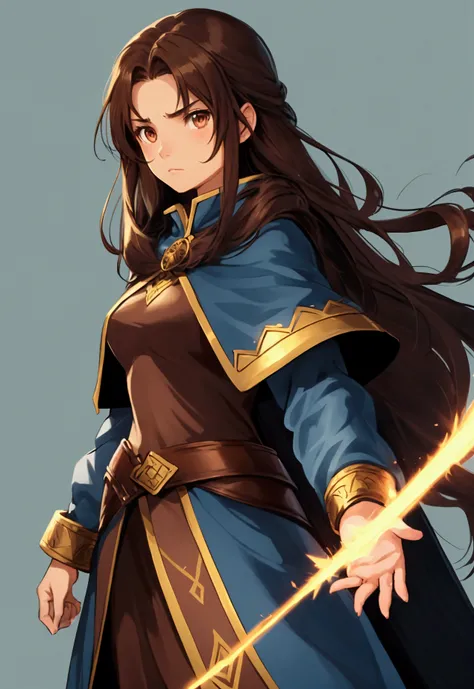 full portrait, simple female wizard, long brown hair, battle hardened, calmly standing, early 20s, brown eyes, plain and simple blue background, shining force style