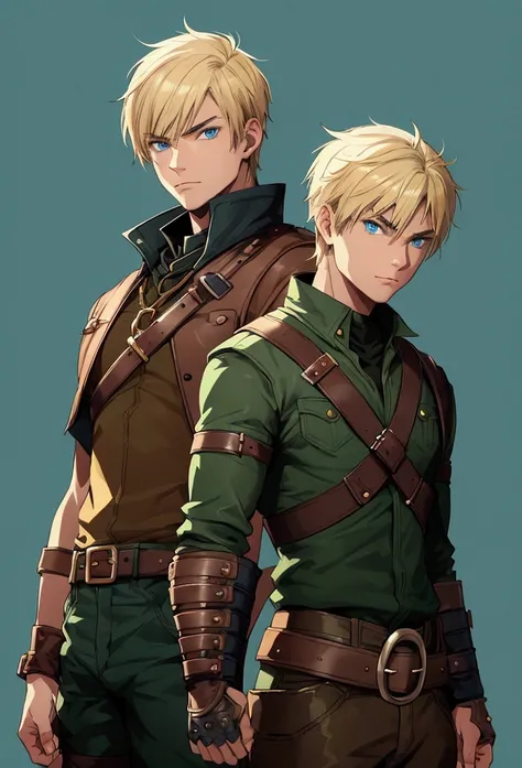 full portrait, simple male rogue, short blonde hair, battle hardened, brown leather jerkin, mild green pants, calmly standing, early 20s, blue eyes, plain and simple blue background, shining force style