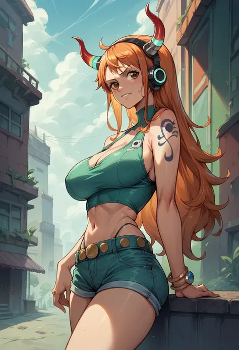 nami from one piece in top of the building with a posture in cyberpunk outfit and a futuristic headgear