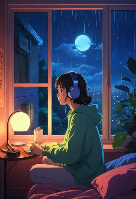 night、Girl listening to music in a cozy room, Use headphones, 2D Style Anime,  Rain outside the window、Analog Color Theme、Ghibli style、neon