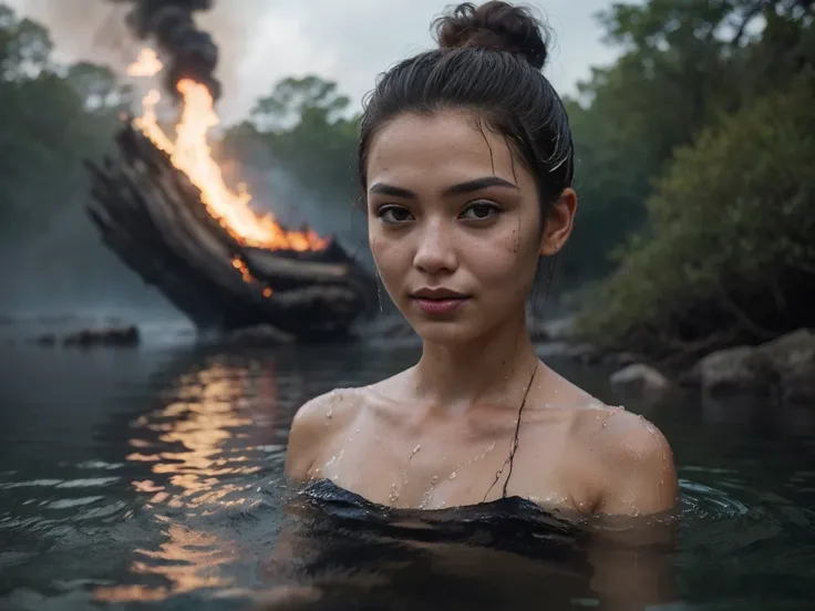 (night) with a lot of reflection of fire on the surface of the waters, epiCRealism, rain of fire, very stunning indonesian balinese girl, sunburnt ebony skin, long light straight hair, wavy at the height of the back, gray eyes, fluffy turned, ((big cheeks)...