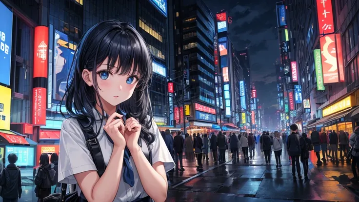 (8k, raw photo, masterpiece:1.3), (realist, photo-realist:1.37), (evening), (looking at the viewer:1.331), (by white), Posing, Tokyo Street, eveningcityscape, Cyberpunk City, luz outfit, 1 girl, extremely beautiful face, bust, lower your hands, Random hair...