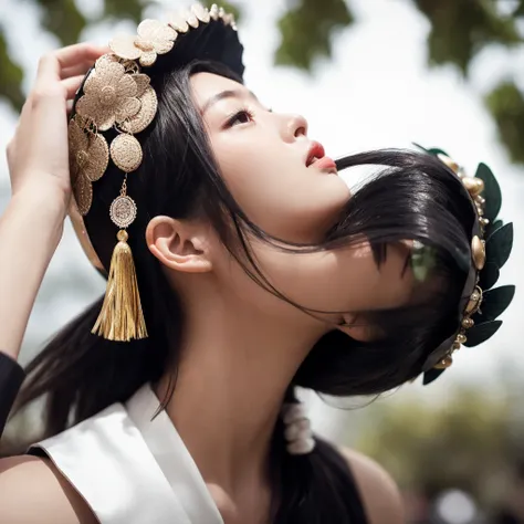 score_9, score_8_up, score_7_up, Girl looking up, front, squarely, Chinese style, black updo, black hair, metal headdress, tassel headdress, top light, look up, soft light