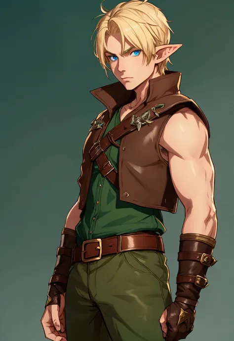 full portrait, simple male rogue, short blonde hair, elf ears, battle hardened, brown leather vest, mild green pants, calmly standing, early 20s, blue eyes, plain and simple blue background, medieval, shining force style