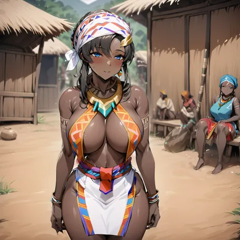 ((Highest quality)), ((masterpiece)), (detailed), （Perfect Face）、The woman is Lacus Clyne, a black-skinned woman with blue eyes, black afro hair, naturally curly braided hair, a hair ornament, a colorful head scarf, tribal accessories such as tribal neckla...