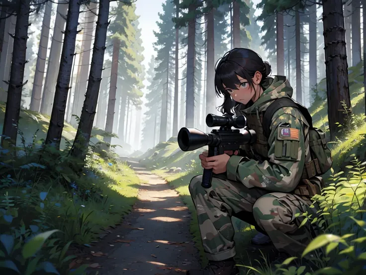 Camouflaged shooter holding a sniper in the middle of the forest