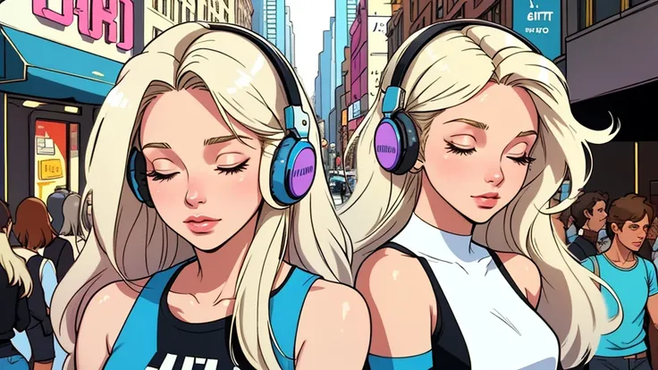 Street fashion girl, blue headphones, LOFI Retro, stylish, 1980s, new york city, morning, beautiful blonde long hair woman in her 20s, close your eyes, white skin, at cafe