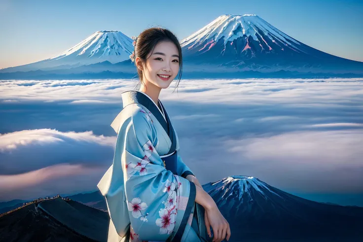 Highest quality　masterpiece　A beautiful woman smiling as she looks at Mount Fuji surrounded by a sea of clouds　Photo style　Wearing a kimono　Mt. Fuji is one