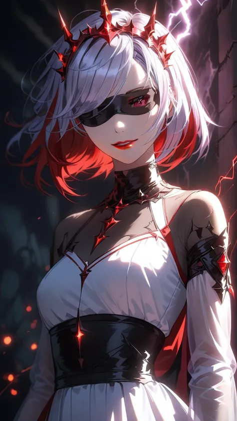 1girl, fabric blindfold, multiple color hair:1.3, medium hair, red lips, evil smile, white dress, see-through sleeve, thorn tiara, dramatic lighting, soft shadow, masterpiece, best quality, safe, SFW, very aesthetic, recent, absurdres, highres, lightning, ...