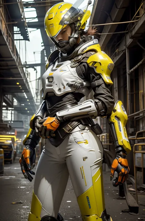 woman with rusted yellow glossy armor, green neons light stripes, power bank at the back, LED lamps on the chest, wearing white helmet with round google, she has cover pad on knee and arms. she hold an automatic riffle. background futuristic city with floa...