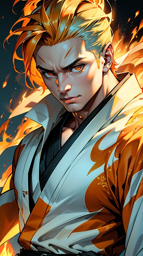 a muscular young man with orange hair and orange eyes, wearing a white kimono with golden details, using powerful fire abilities, the fire covers the entire image, detailed portrait, high definition, 8k, realistic, photorealistic, vibrant colors, dramatic ...