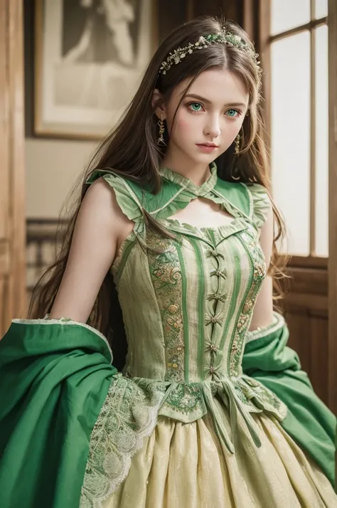 (8k, RAW Photos, Highest quality, masterpiece:1.2), (Realistic, photo-Realistic:1.37),One girl, dress, Green Eyes, Long Hair, super detailed cloth, beautiful decoration on dress,