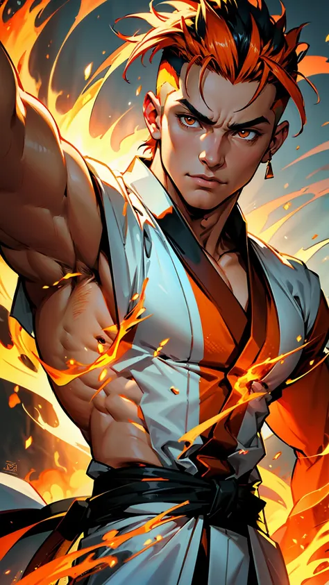 a muscular young man with orange hair and orange eyes, wearing a white kimono with golden details, using powerful fire abilities, the fire covers the entire image, undercut hair, detailed portrait, high definition, 8k, realistic, photorealistic, vibrant co...