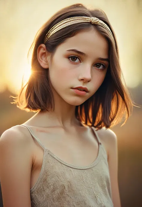 (cinematic photo:1.3) from (thigh-length photos:1.3),(skinny:1.3) beautiful 12 year old girl, (complex brown hair), highly detai...