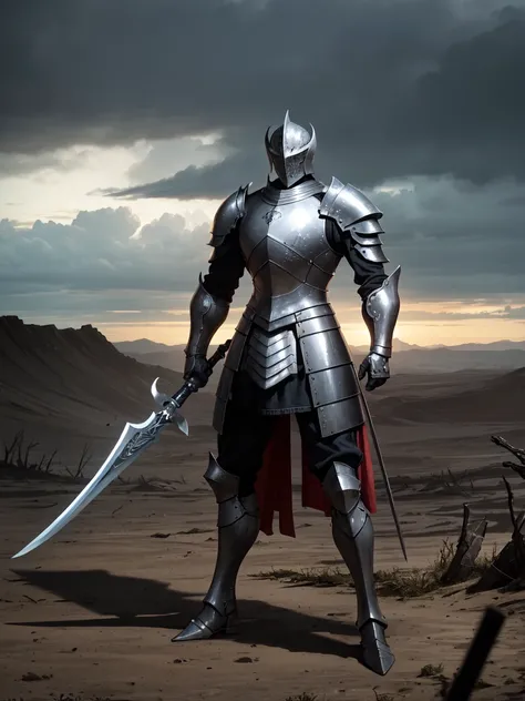 {
   "Create an image of a surrealist apocalyptic scene with the focus on a knight standing prominently in the foreground. The knight, shown in full body, is wearing detailed armor, holding a sword and shield. The background features a desolate, eerie land...