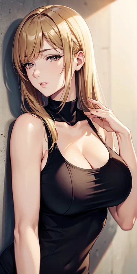 (best quality, highres), portrait, upper body, cool type adult woman, long hair, swept-side bangs, [[[brown hair]]], blonde hair, brown eyes, turtle neck tank top, big breast, plain wall, ultra detailed cg,
 