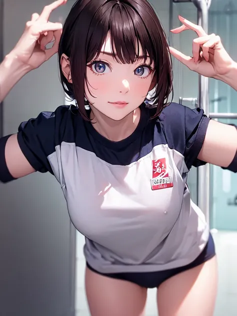 masterpiece, best quality, highres,30-year-old,Sexy pose,Unusually beautiful and large eyes,A well-balanced and toned body,hanazawakana,(buruma:1.5),blue buruma,gym uniform,simple background,standing, cowboy shot,