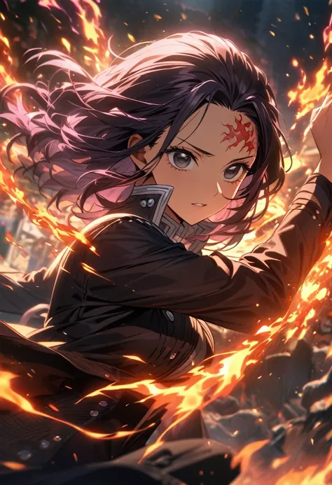 Symetrical,absurdres, highres, ultra detailed, HDR, masterpiece, extremely detailed face and eyes, nico robin, Kimetsu no yaiba,,violet hair , , solo, women, handsome,Mark on forehead ,, , Epic fight scene,fire red lightning effect, glowing glitters, , fla...