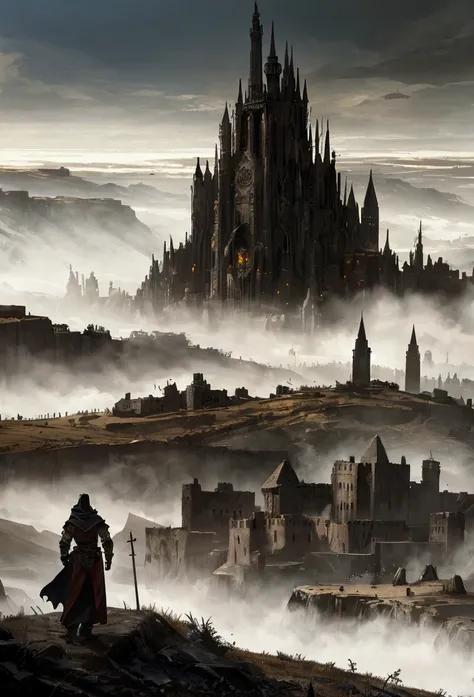 landscape, a medieval landscape, post-apocalyptic, with a few instances of civilization still around. A dark mist is over the land, shining force style