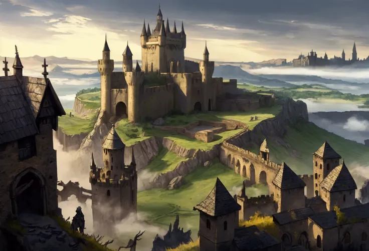 landscape, a medieval landscape, one castle, post-apocalyptic, a black mist is over the land, shining force style.