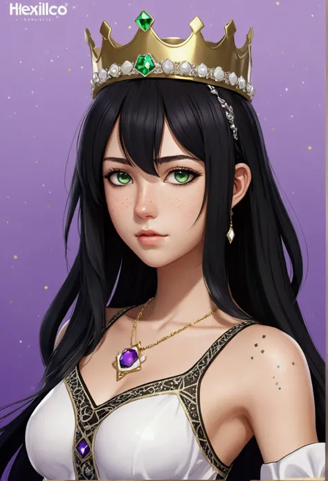 anime girl with medium length black hair, greeneyes, and light skin. she has freckles . She wears a white tiara-shaped crown. A black and purple twitch name and gold bodysuit with magical style details in its design, with hexagonal patterns