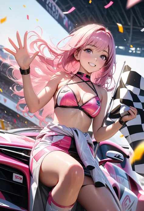 A beautiful detailed race queen, 22years old, with long wavy pink hair with beautiful texture and shine, wearing a pink bikini-type outfit with sponsor logos, a white pareo around her waist, and white long boots with sponsor logos,( holding a big checkered...