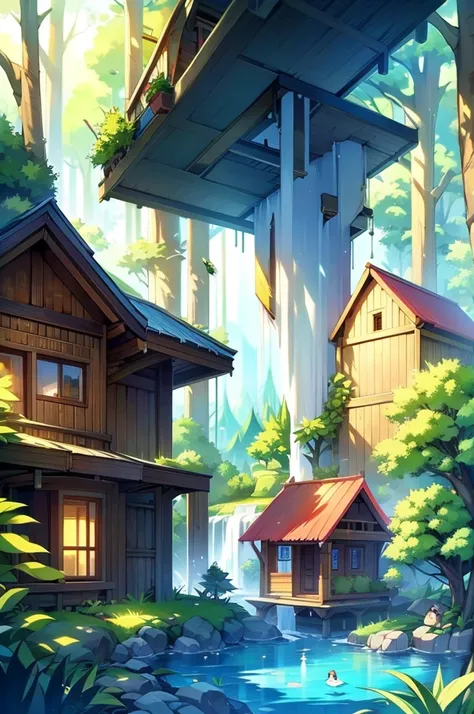 Animated landscape with a cabin, hills and a waterfall