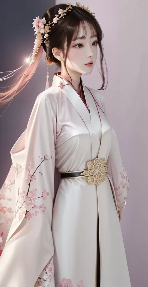 Wearing a pink dress、Araf woman holding fan and white dress, inspired author：Zheng Xiaorong, author：Zheng Xiaorong, Hanfu, pale pink and gold kimono, Mei Qing, lots of merlot, white Hanfu, Light and colored kimono, Inspired by Cheng Yanjun, Elegant digital...