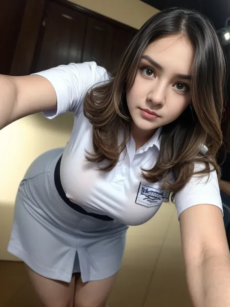 1girl, solo, (uniform), standing, in a club, face at center frame, scene, detailed face, cute angry face, detailed eyes, thick breasts, smooth skin, tight white shirt, grey blue short skirt, looking at the audience, low angle shot,(8k, RAW photo, best qual...