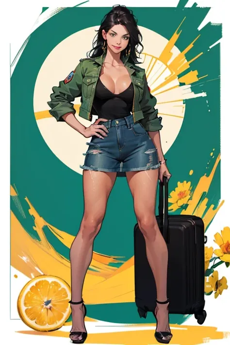 ((full body:1.4)),A (beautiful),(athletic)22 yo woman, with wavy black hair, and green eyes. Gorgeous hour glass figure, shapely toned legs, perfect round ass, natural perky breasts. (Dutch),(suntan).(smile). Denim jacket, yellow dress, high heels.