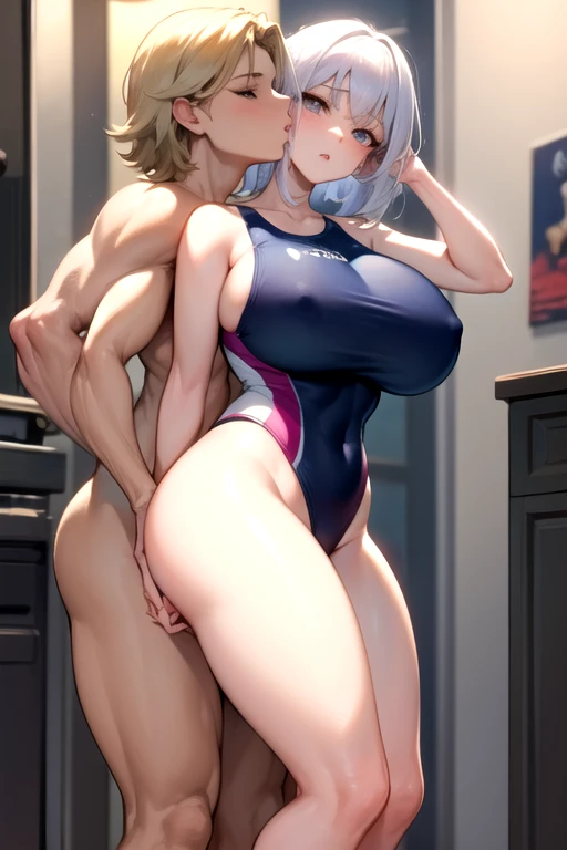 Lesbian (long yellow hair)with a very tight swimsuit) big breasts, big thighs,kiss with his girlfriend (loose white hair), big breasts, big thighs,lesbian love 