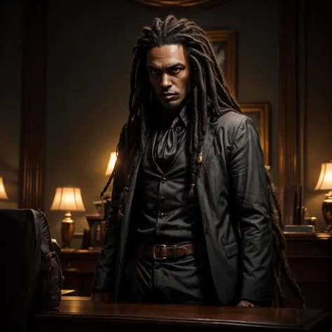 a vampiric black man with long dreadlocks, yellow eyes, wearing a stylish gray suit, standing behind a desk in an opulent dark o...