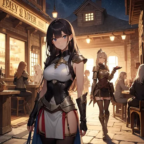 A group of  female medieval fantasy adventurers, (in tavern), various hair styles, harem, night, details face, short skirt, seducing, sleeveless, armor 