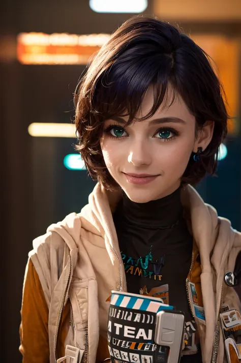 a young girl in realistic portrait of high quality and detail, vhs movie style, younger face, (dark blue hair, short hair:1.3), ...