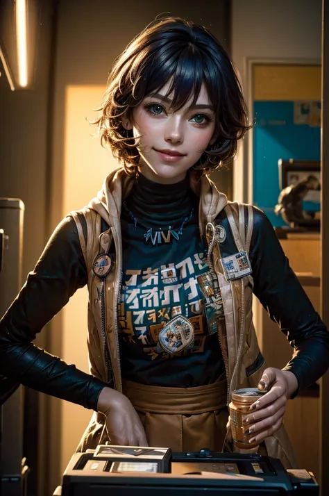 A young girl in realistic portrait of high quality and detail, vhs movie style, younger face, (dark blue hair, short hair:1.3), realistic eyes, green eyes, pale skin, She is wearing a hoodie and sleeveless, Belle (Zenless Zone Zero), happy face, glow, eye ...