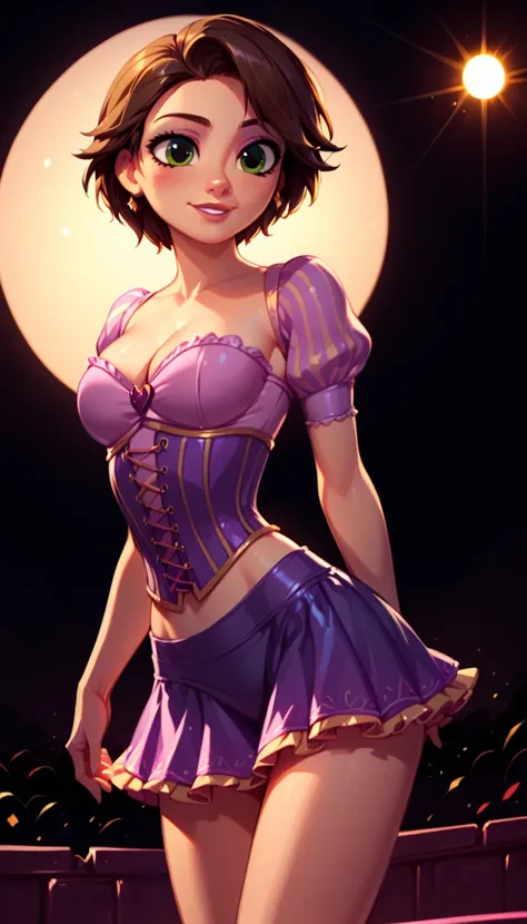 score_9, score_8_up, score_7_up, score_6_up, 1girl, solo, rapunzel (short brown hair, tight short skirt:1.1), (cropped corset, l...