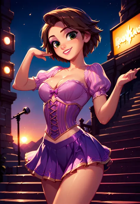 score_9, score_8_up, score_7_up, score_6_up, 1girl, solo, rapunzel (short brown hair, tight short skirt:1.1), (cropped corset, laces:1.2), cleavage, looking cute, fashionable, cinematic lighting,, sunset, rock concert, dancing by the stage, cowboy shot.