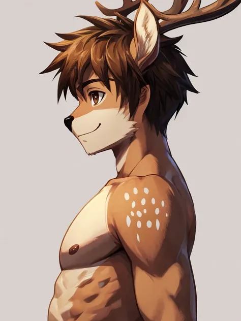 (masterpiece, 4K, ultra detailed), deer furry, masculine, athletic, big pecs, short messy haircut, shirtless, illustration, simple colors, white background, side view, single, alone, cute, smile, handsome, anime, teenage, brown eyes, naked, penis