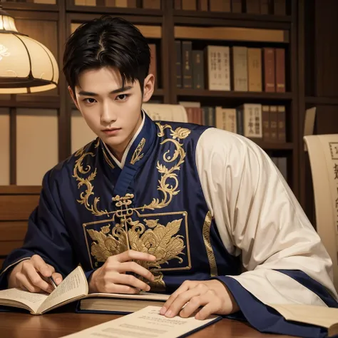 1 Handsome chinese slim guy, 20 years old, short hair, Youthful, book, Noble, sits at a table,  Hanfu