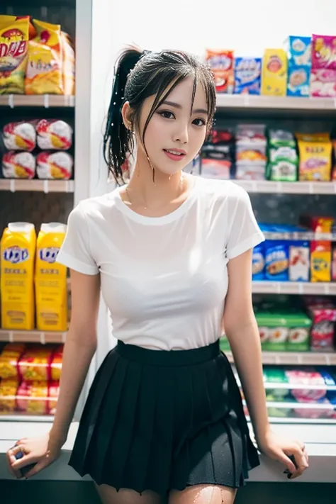 (a gorgeous lady, age 22, white T-shirt, (wet clothes:1.15) pleated mini-skirt, standing in convenience store, dimples, cute snaggle-tooth, short hair ponytail, photorealistic, beautiful detailed face, beautiful detailed eyes, ample round bosom, hyper-real...