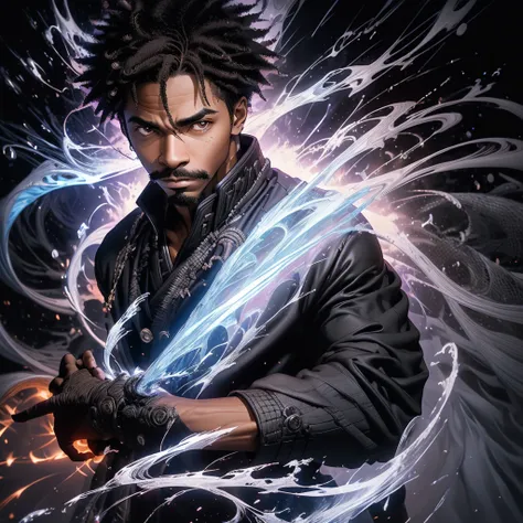 High resolution, professional photography, low aperture, African American young male, with brown skin and curly black hair and a thin mustache in a black and white jacket with hands clasped together, dynamic pose, black hole background, purlple flashes in ...