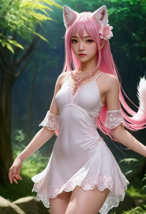 phive caudas de raposa brancas como a neve (1.0), Milky white fox tail (1.0), Close-up of the nine-tailed fox, phive Caldas, phive Caldas, 动漫Kizi，pink  hair，pink dress，Flowers in the hair, very 美丽的动漫狐狸Kizi, 美丽的动漫狐狸Kizi, beautiful fantasy anime, Guweiz, 狐狸耳...