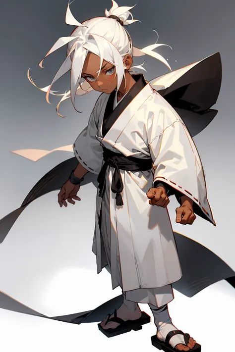 1boy, age 15, ((child,)) muscular, muscle, white hair, medium length hair, topknot hair, bright grey eyes, calm expression, white clothes, samurai robes, ronin robes, sandals, dark skin, caramel skin, black skin, hands to side, white room background, detai...