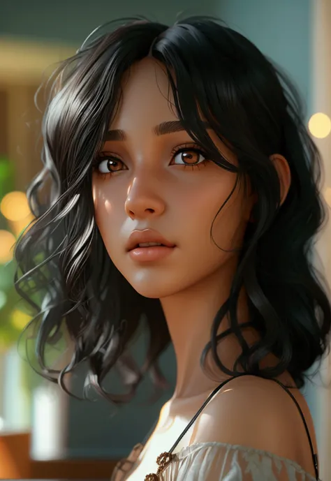 1girl, solo, (average height), (black wavy hair), ((medium hairstyle)), ((brown eyes)), (big breasts), (medium ass), masterpiece, best quality, highly detail, home 3d room