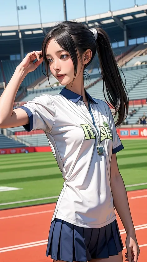 Very detailed CG ユニティ 8k 壁紙, Highest quality, Very detailed, masterpiece, Realistic, photo Realistic, Very detailedかわいい女の子, (13-year-old girl, Very slim), (Wearing an athletics uniform), (Race number), smile , belly button, Half Body Shot , Athletics Stadi...