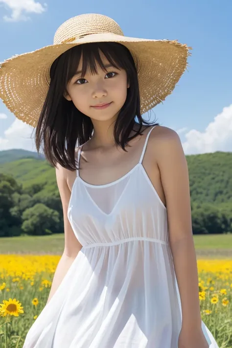 (8k),(masterpiece),(Japanese),(12 year old girl),((Innocent look)),(((Childish))),from the front,smile,cute,超cute,Innocent,Kind eyes,White camisole dress,Sheer dress,See-through,(The skin is clearly visible),(Nipples are visible through the fabric),Clothes...