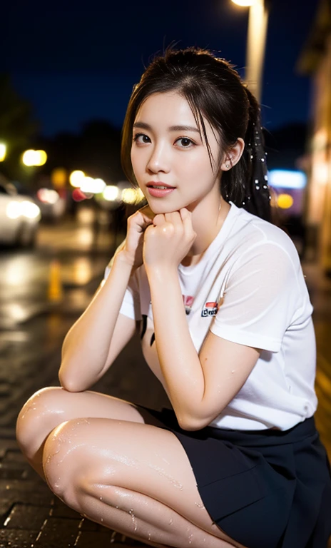 (a gorgeous lady, age 22, white T-shirt, (wet clothes:1.10) pleated mini-skirt, squatting outside a Cafe, rainy night, dimples, cute snaggle-tooth, ponytail, photorealistic, beautiful detailed face, beautiful detailed eyes, ample round bosom, hyper-realism...